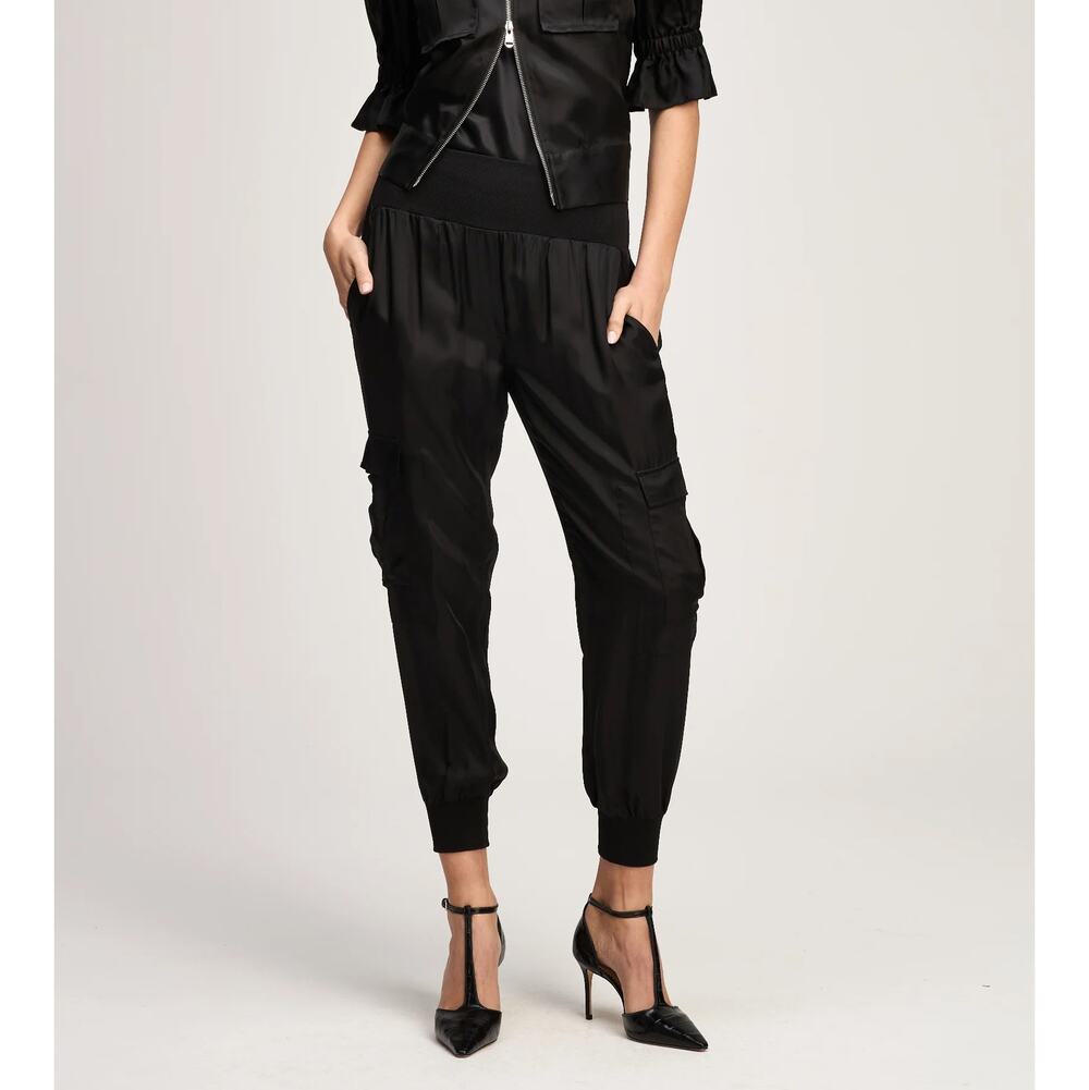Cinq a Sept Giles Pant Black Satin Jogger Cargo Utility Elastic Waist SZ S